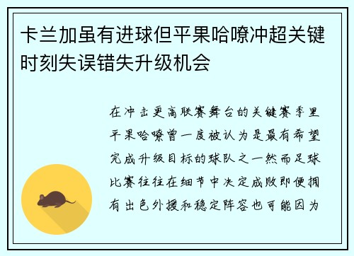 卡兰加虽有进球但平果哈嘹冲超关键时刻失误错失升级机会
