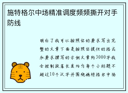 施特格尔中场精准调度频频撕开对手防线